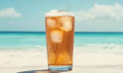 Iced Beverage on Sandy Beach with Ocean View