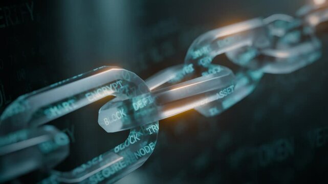 A glowing digital blockchain chain link with encrypted text, symbolizing secure technology and cryptocurrency networks.
