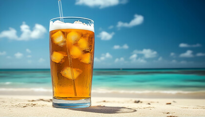 Iced Beverage on Sandy Beach with Ocean View