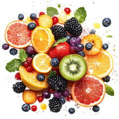 Assorted Fruits and Berries with Mint Leaves Isolated on Transparent Background