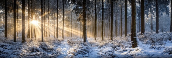 Obraz premium Forest landscape view with snow cover and sunlight with ray shining through trees