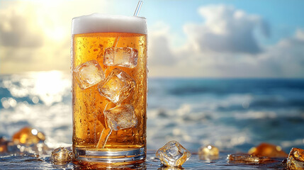 Iced Golden Beverage by Ocean at Sunset