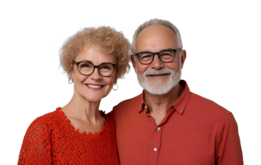 Smiling elderly caucasian couple with glasses in red clothing, cut out - stock png.