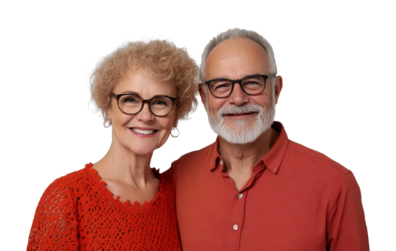 Smiling elderly caucasian couple with glasses in red clothing, cut out - stock png.