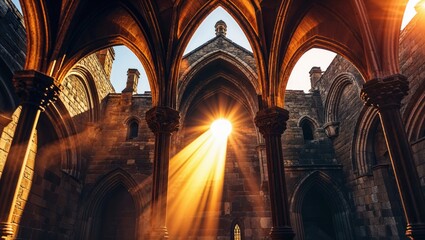 Golden sunlight streams through the arched entryway of an ancient stone building, illuminating the aged stonework. A breathtaking view of architectural detail and natural light.