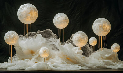 Illuminated White Spheres on a Textured Dark Background