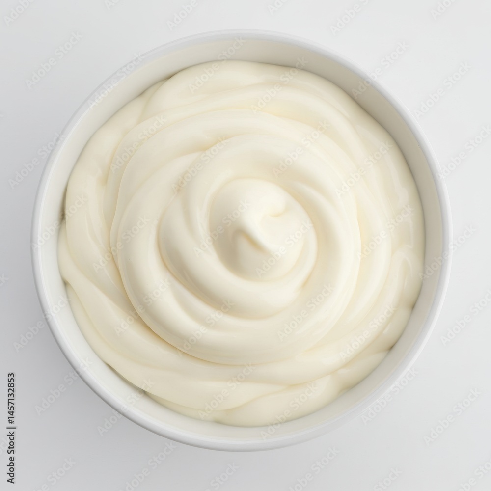 Poster a top view of a white bowl filled with a smooth and creamy substance swirled in a circular pattern