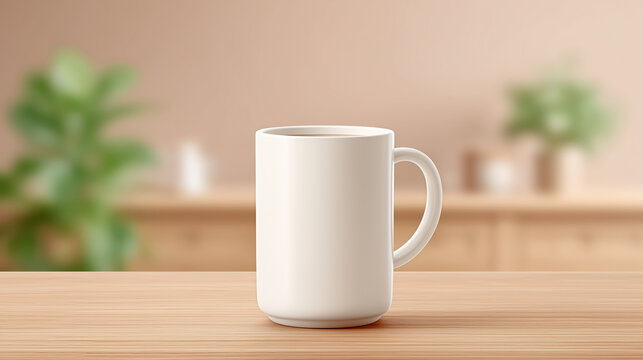 A ceramic coffee mug standy on a wooden table in the foreground, blurred cozy kitchen in the background, warm tones, natural morning light, wide shot, clear copy space