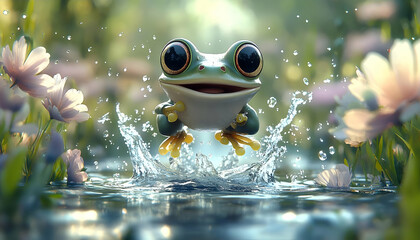 Joyful Green Frog Leaping into Water Surrounded by Pink Flowers