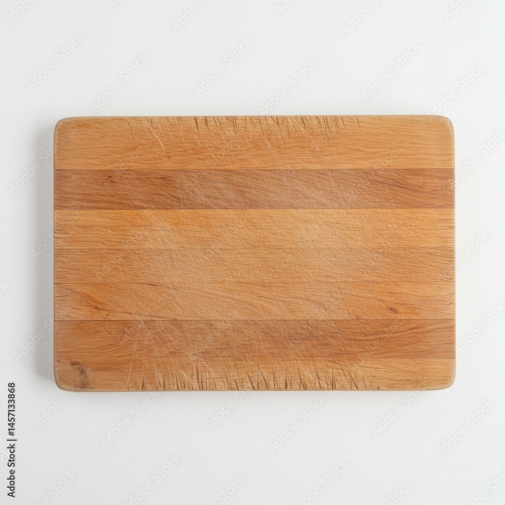 Poster isolated wooden cutting board with visible knife marks on a white surface in a studio setting