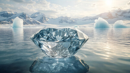 Large Clear Diamond on Glacial Water with Mountain Background