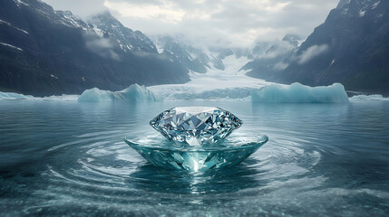 Large Diamond in Glacial Lake, Mountain Landscape