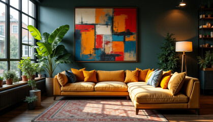 Stylish Living Room with Colorful Art and Cozy Sofa