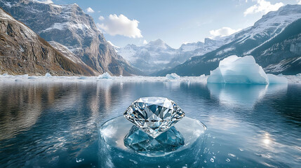 Large Diamond on Icy Water with Mountain Background