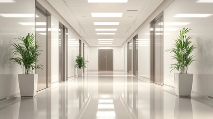 Spacious office corridor bright interior polished floor sleek modern decor professional corporate atmosphere.  