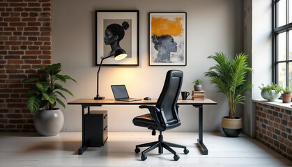 Stylish Home Office with Plants and Artwork on Walls