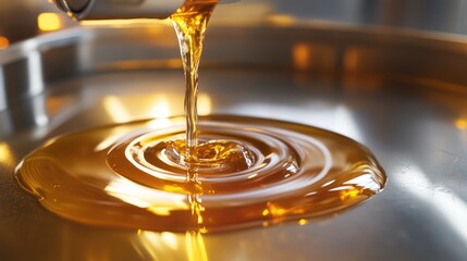 Amber Liquid Pouring into Metal Container, Abstract Background, Golden Oil