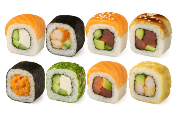 A variety of sushi rolls displayed in a grid, featuring different fillings and toppings like fish, vegetables, and cream cheese. Concept Sushi Varieties, Colorful Ingredients, Grilled vs, Raw