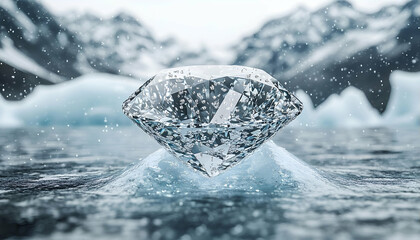 Large Sparkling Diamond on Icy Water with Mountain Background
