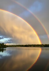 Double Rainbow Over Serene Lake at Sunset