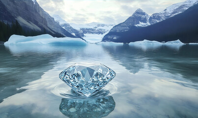Large Sparkling Diamond Reflecting in a Glacial Lake Surrounded by Majestic Mountains