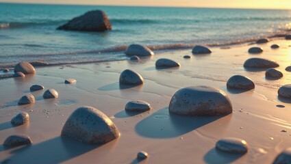 Smooth, dark stones rest on a tranquil beach at sunset, the warm light highlighting their textures. Serene coastal scene.