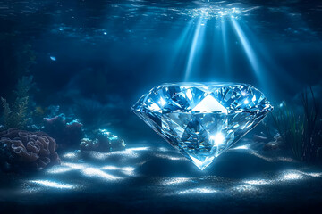 Large Sparkling Diamond Underwater in Dark Blue Ocean