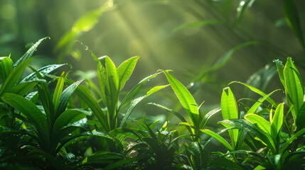 Obraz premium Green foliage in sunlight forest