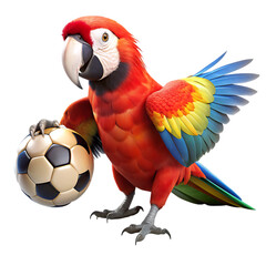 Fototapeta premium Scarlet Macaw Holding a Soccer Ball: A Colorful Bird Image