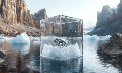 Large Transparent Ice Cube in Glacial Landscape