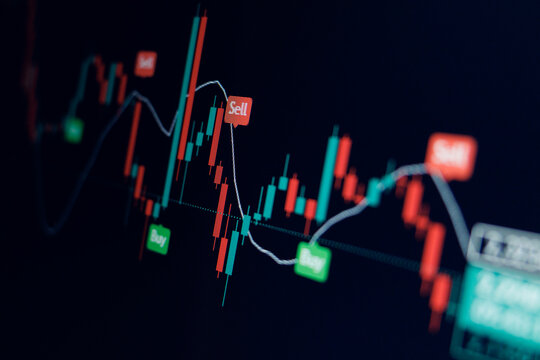 A close-up shows a vibrant stock market chart with red sell and green buy indicators, highlighting price fluctuations over time.