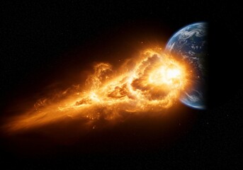 Obraz premium Fiery Meteor Impacting Earth In Space