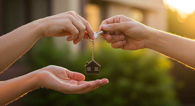 Hands Exchanging House Key with House Keychain in Sunlight Blurred Green Background Property Ownership Real Estate Investment and Home Purchase