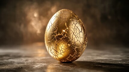 A golden egg with a cracked surface stands illuminated on dark