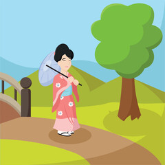 Geisha walking with umbrella. Vector