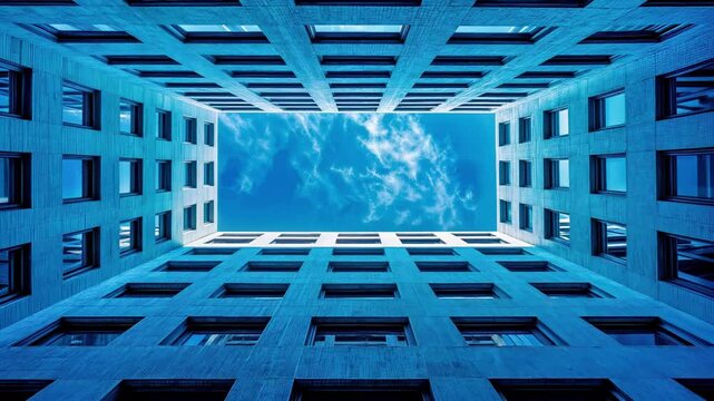 Upward perspective of modern blue architecture with geometric pattern and symmetrical windows framing bright sky with clouds. Highrise building courtyard with rectangular facade elements and rhythmic