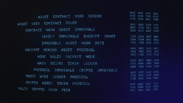 Abstract vintage blue screen code with digital blockchain terms and hexadecimal strings.