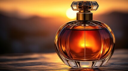 Golden perfume bottle at sunset