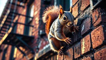 A fluffy gray and red squirrel clings to a brick wall, sunlight illuminating its fur. Warm tones and urban setting.