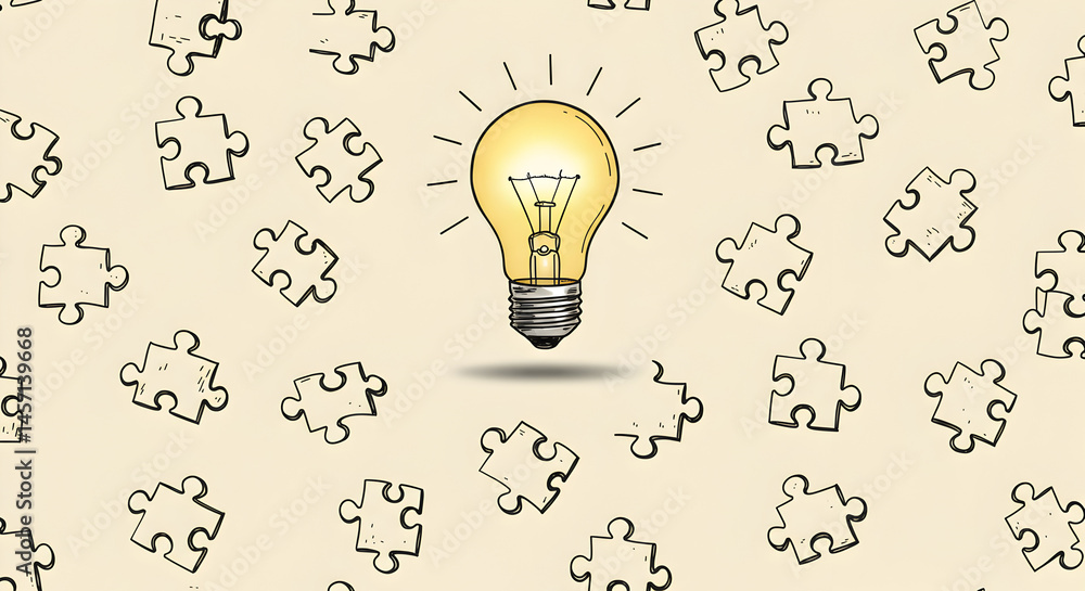 Poster illuminated yellow lightbulb surrounded by scattered puzzle pieces symbolizing problem solving creat