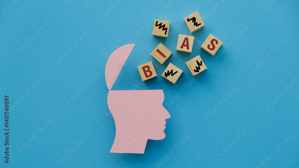 Poster a head with a brain and a pile of wooden blocks with the letters bias scattered around it