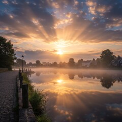 Obraz premium Sunrise over Canal with Misty Village Reflection