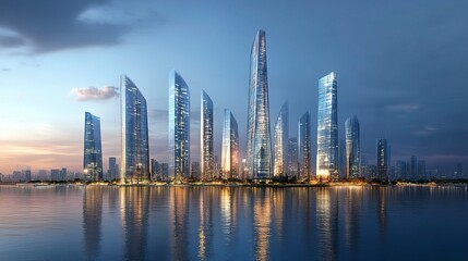 Fototapeta premium Urban development with high-rise towers home to global corporations sleek architecture glassy facades wide financial cityscape. 