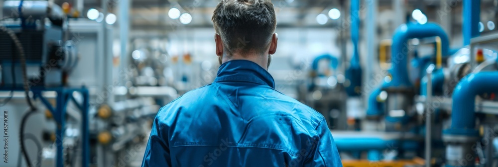 Poster back view of a worker in blue overalls inspecting machinery in a brightly lit factory. represents at