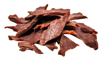 A pile of beef jerky pieces with visible texture and edges against a dark background scene isolated on transparent background