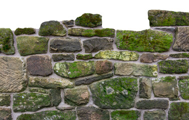 A stone wall covered with moss and lichen, with some stone missing and a transparent background.