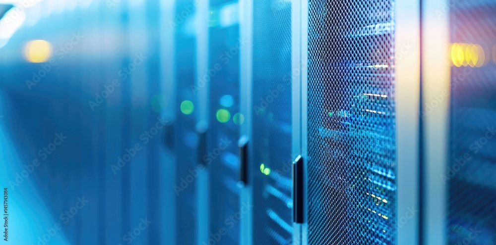 Poster close up of blue tinted server cabinets and glowing network devices in a modern data center, represe