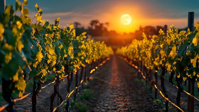 Vibrant vineyard at twilight with glowing fireflies