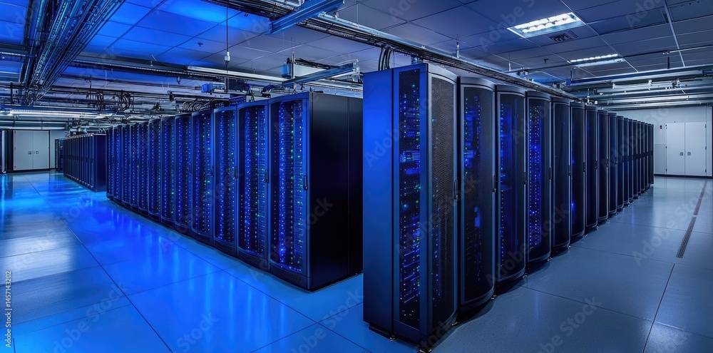 Poster large scale server room with symmetrical black cabinets under ambient blue light, highlighting enter