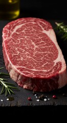 Fototapeta premium Raw Ribeye Steak on Dark Slate with Herbs